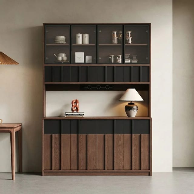55.1" Japandi Engineered Wood and Glass Coffee Cabinet with Glass Door