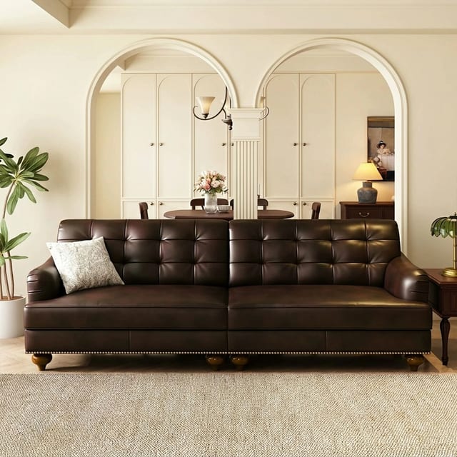 110.2" Transitional Leather Tufted Sofa