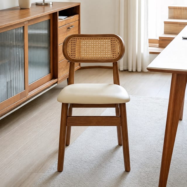 Mid-Century Modern Microfiber Leather Dining Chair with Wicker Back