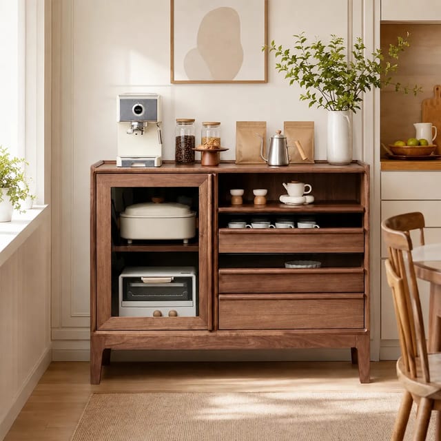31.5" Japandi Solid Wood Sideboard with Glass Doors