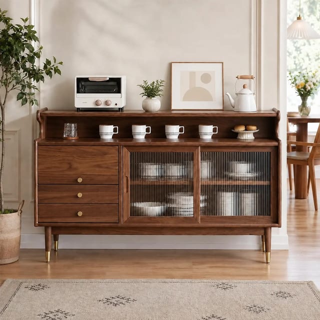 47.2" Mid-Century Modern Solid Wood Sideboard with Glass Doors