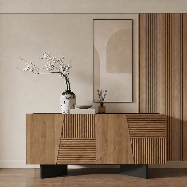 63" Japandi Solid Wood and Plywood Sideboard with Storage