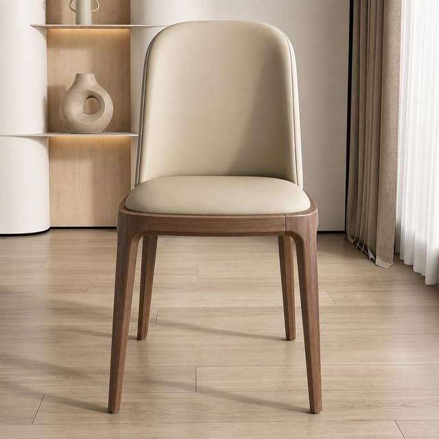 Japandi PU Leather Dining Chair with Wood Frame