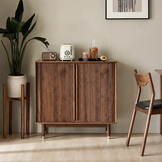 35.4" Japandi Solid Wood and Plywood Sideboard with Storage
