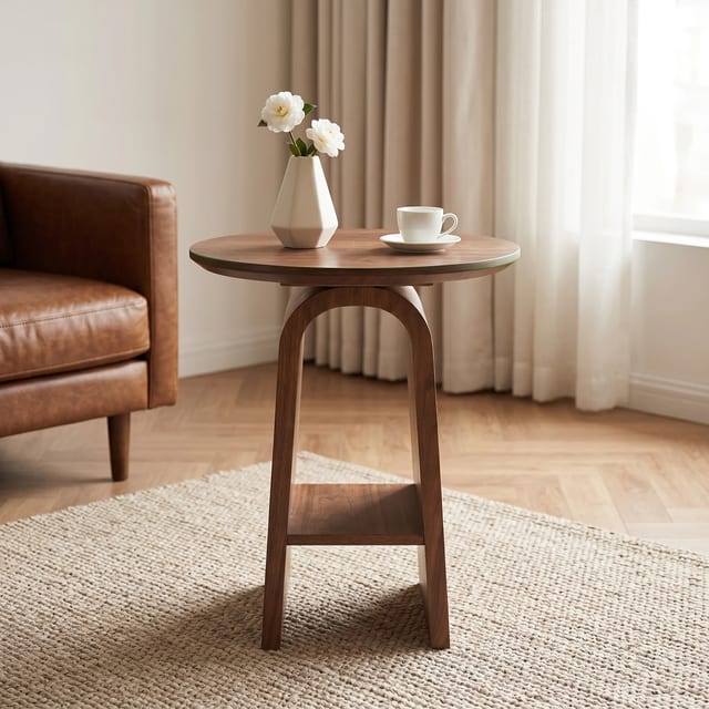 15.7" Japandi Solid Wood Round Side Table