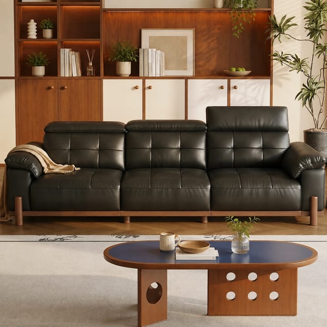 88.2" Mid-Century Modern Leather Tufted Sofa