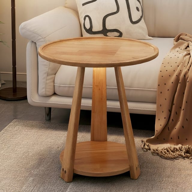 19.7" Japandi Solid Wood Round Side Table