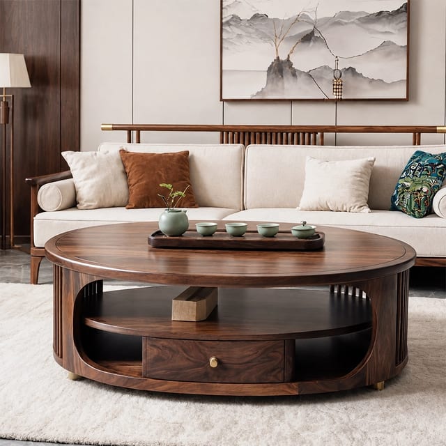 55.1" Japandi Solid Wood Round Coffee Table