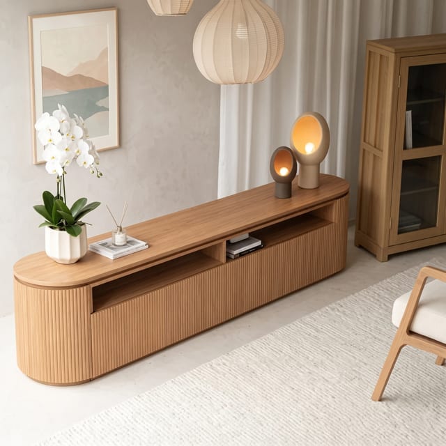 70.9" Japandi Solid Wood TV Stand with Storage