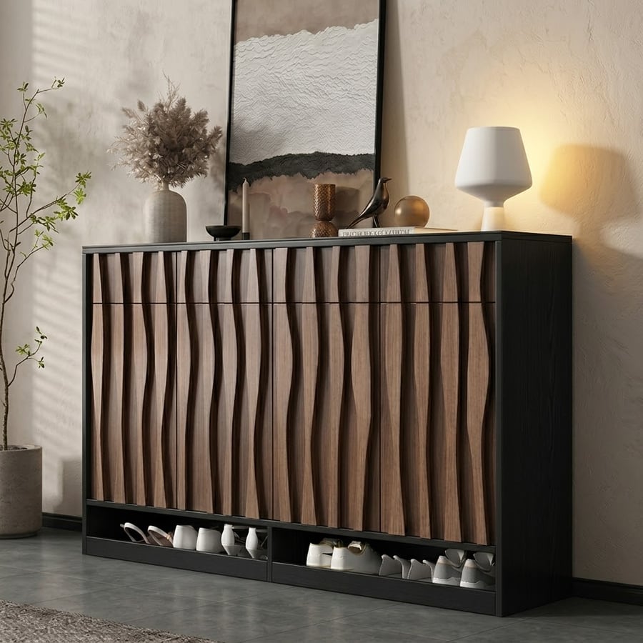 Solid Wood Shoe Cabinet with Wave Facade
