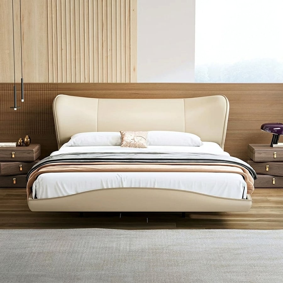 Creamy Floating Leather Upholstered Bed