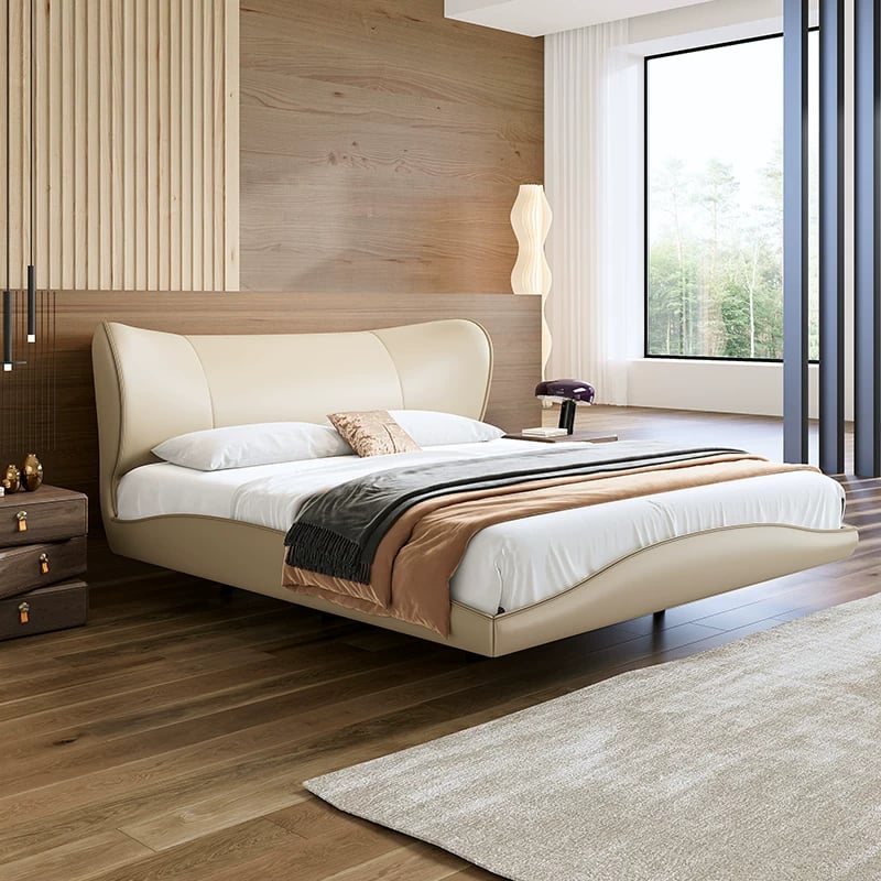 Creamy Floating Leather Upholstered Bed