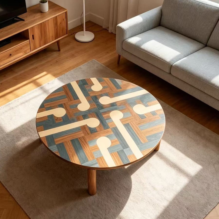 Wood Inlay Round Coffee Table