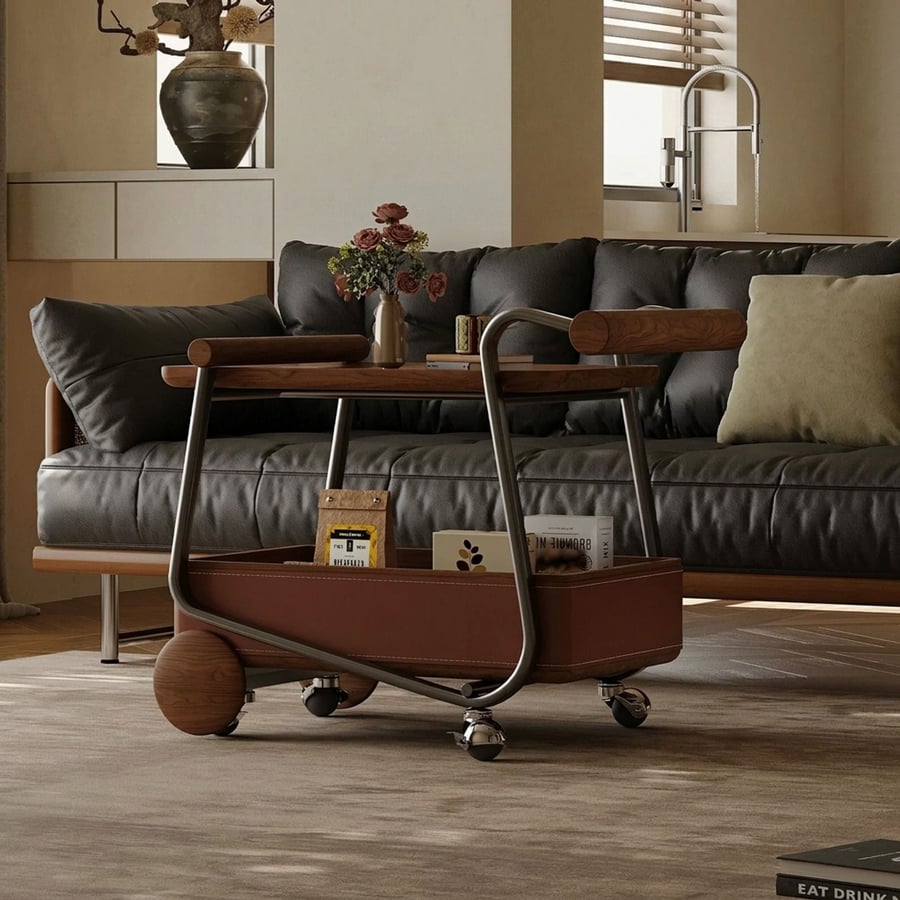 Walnut Saddle Leather Rolling Cart