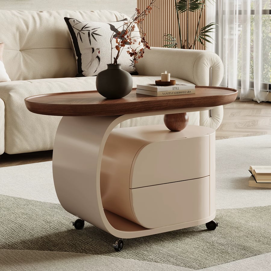 Oval Walnut Rolling End Table