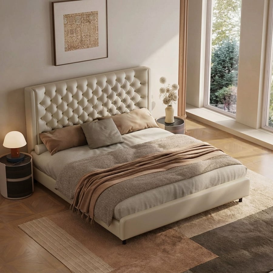 Leather Upholstered Tufted Bed