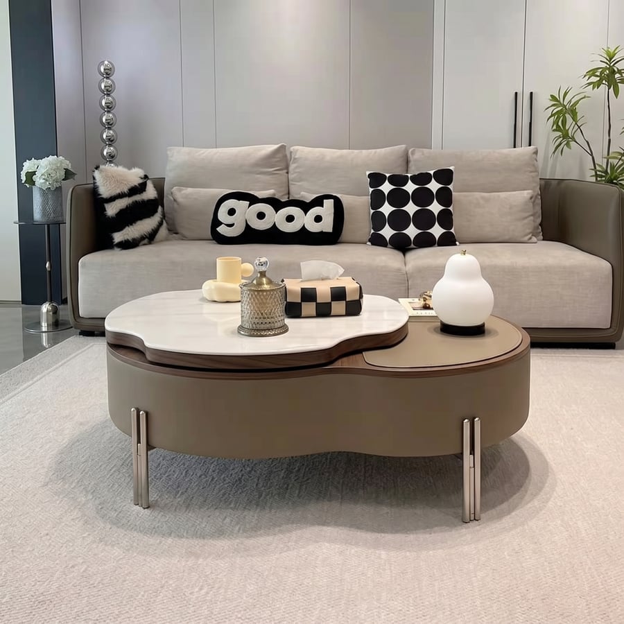Khaki Faux Leather Lift-Top Coffee Table