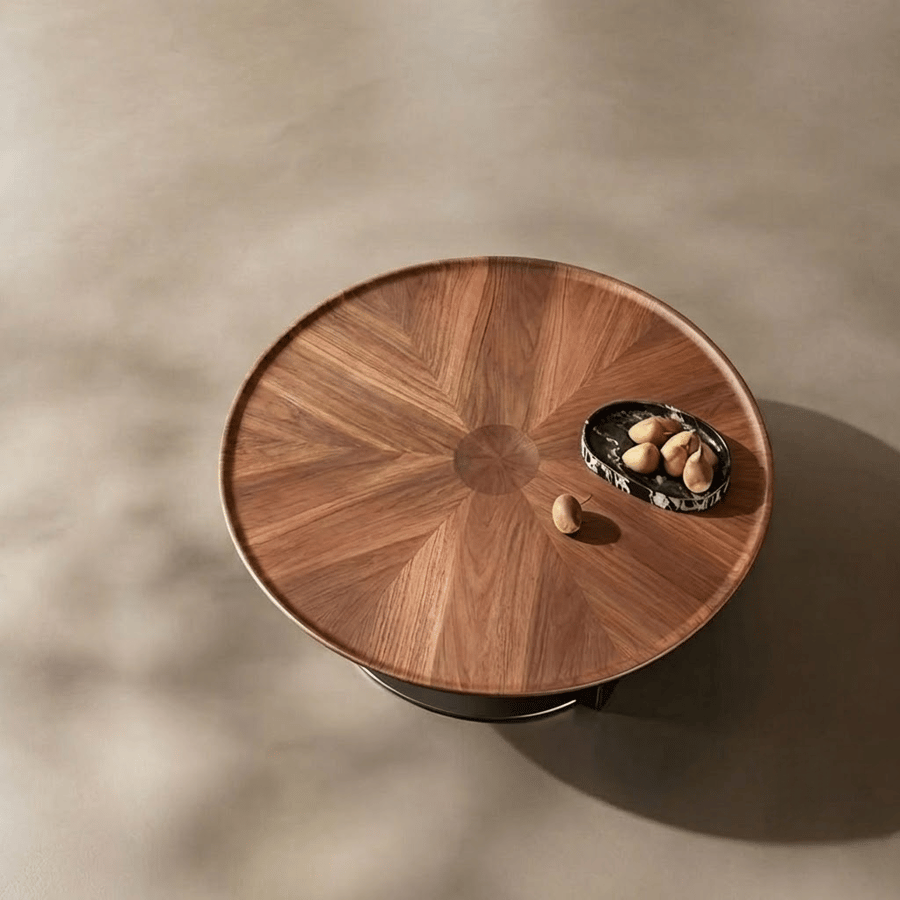Circular Walnut & Travertine Coffee Table