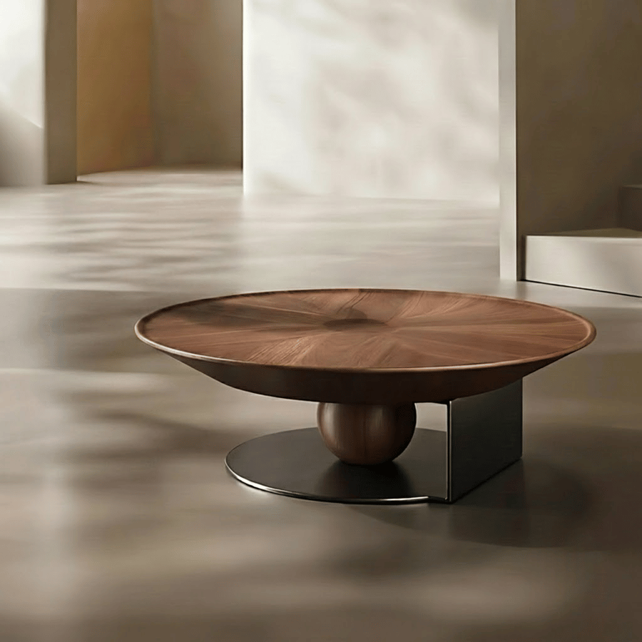 Circular Walnut & Travertine Coffee Table