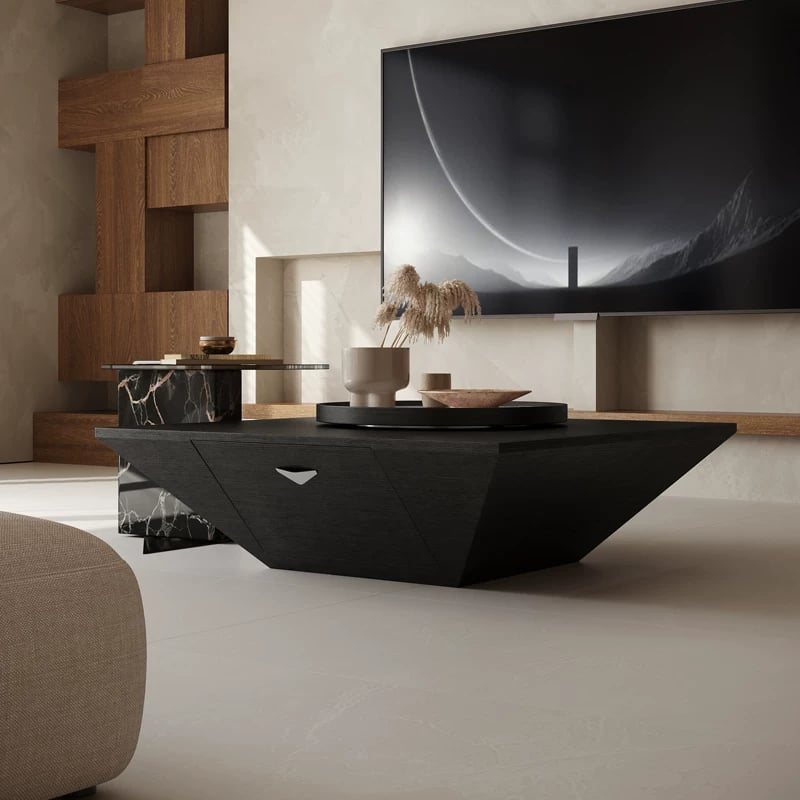 Minimalist Geometric Smoked Wood Coffee Table with Drawers