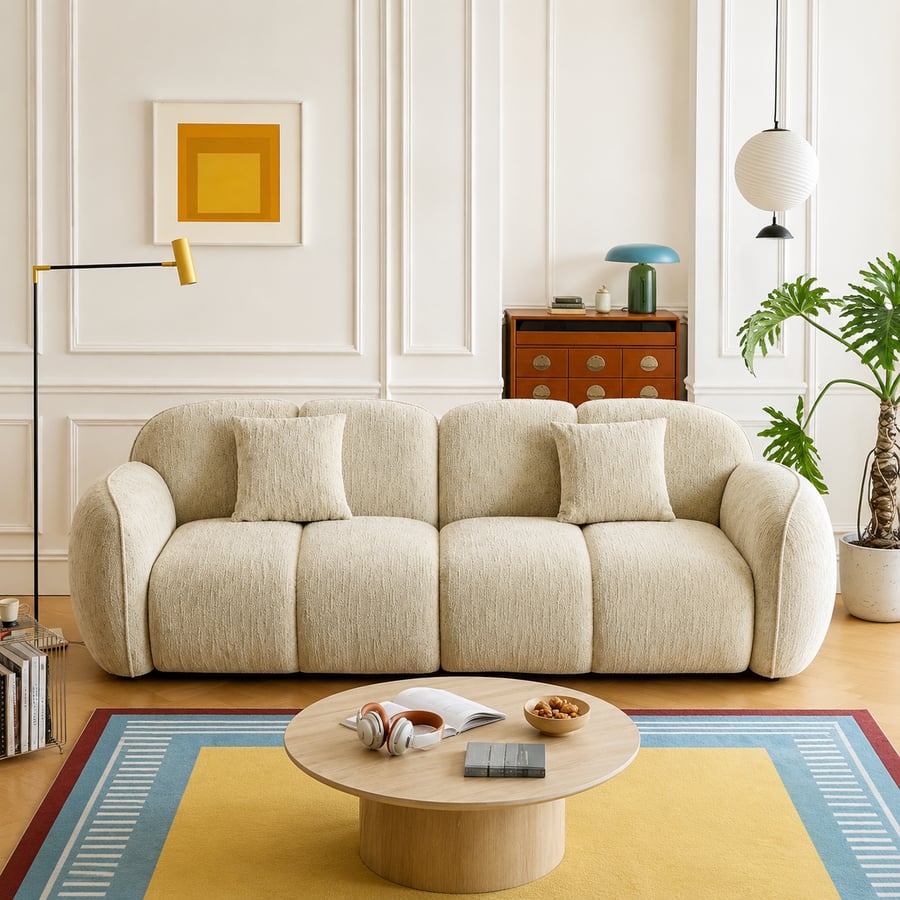 Cream Pleated Fabric Sofa