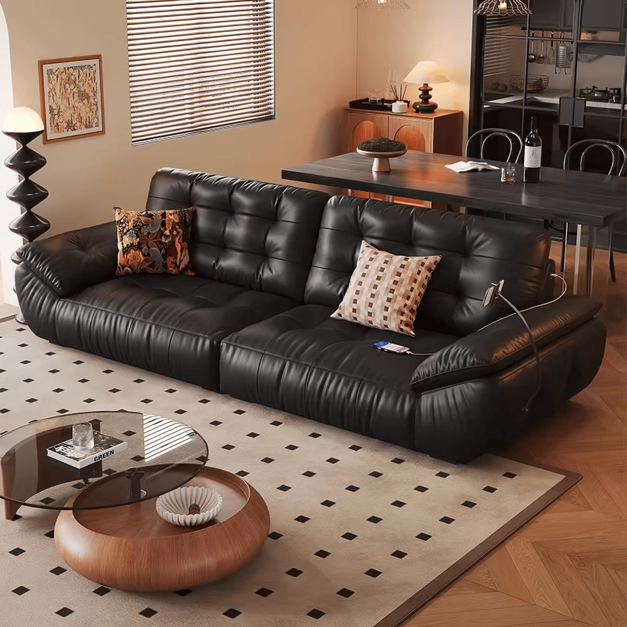 Black Curved Leather Cloud Sofa