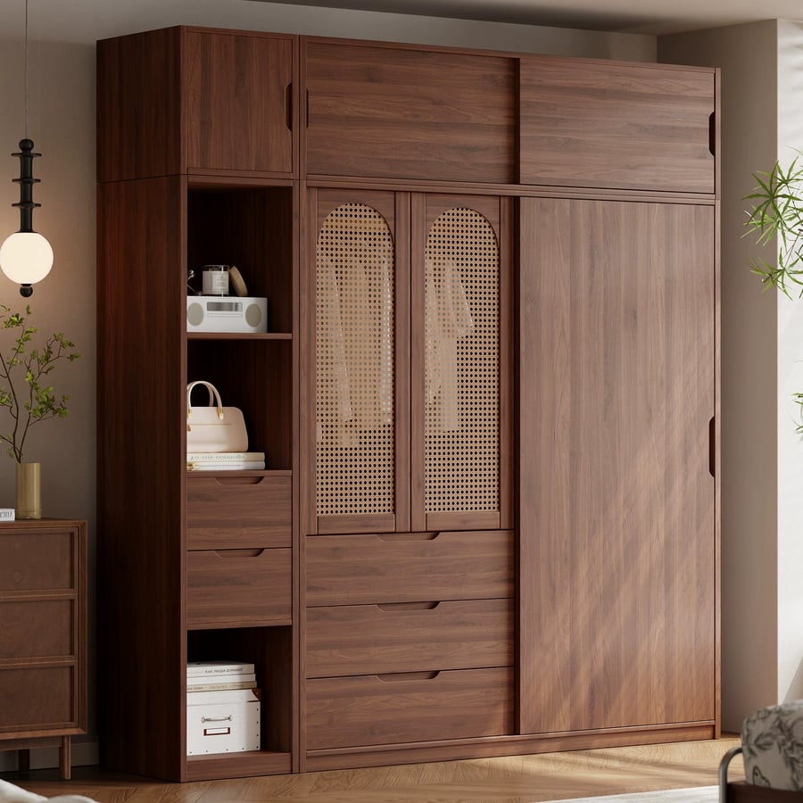 Solid Wood Wardrobe with Rattan Doors
