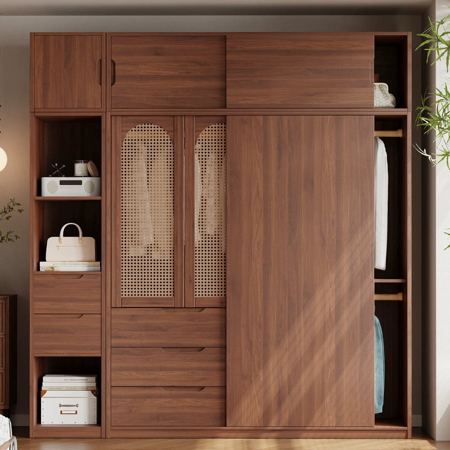 Solid Wood Wardrobe with Rattan Doors