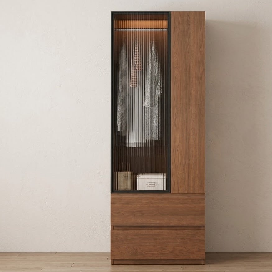 Vintage Wood Wardrobe with Glass Doors