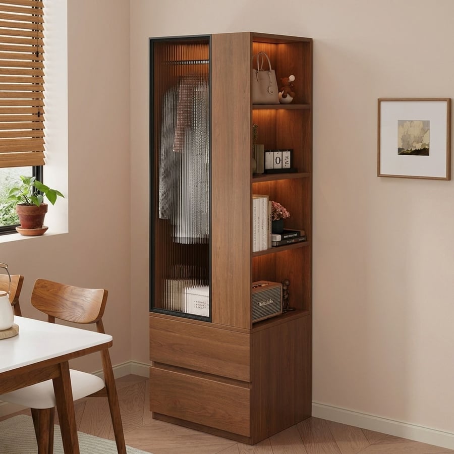 Vintage Wood Wardrobe with Glass Doors