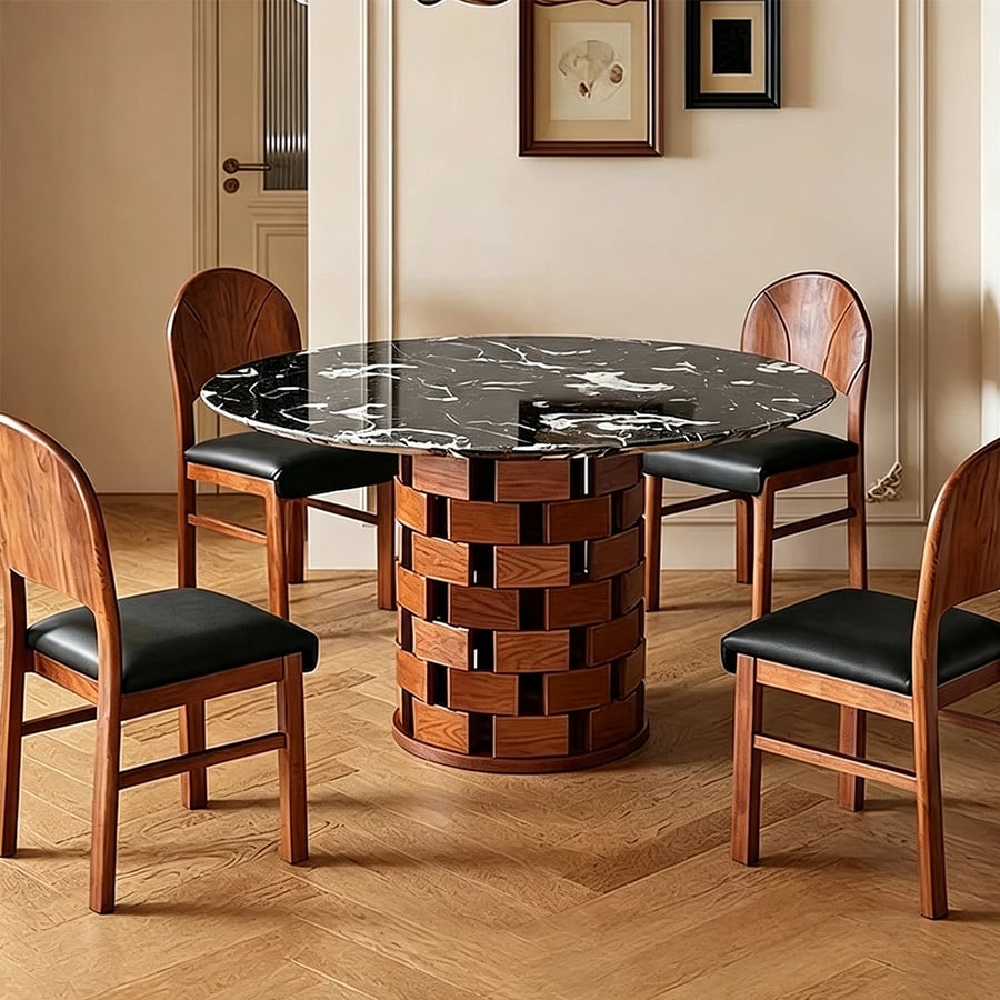 Black Marble & Wood Round Dining Table