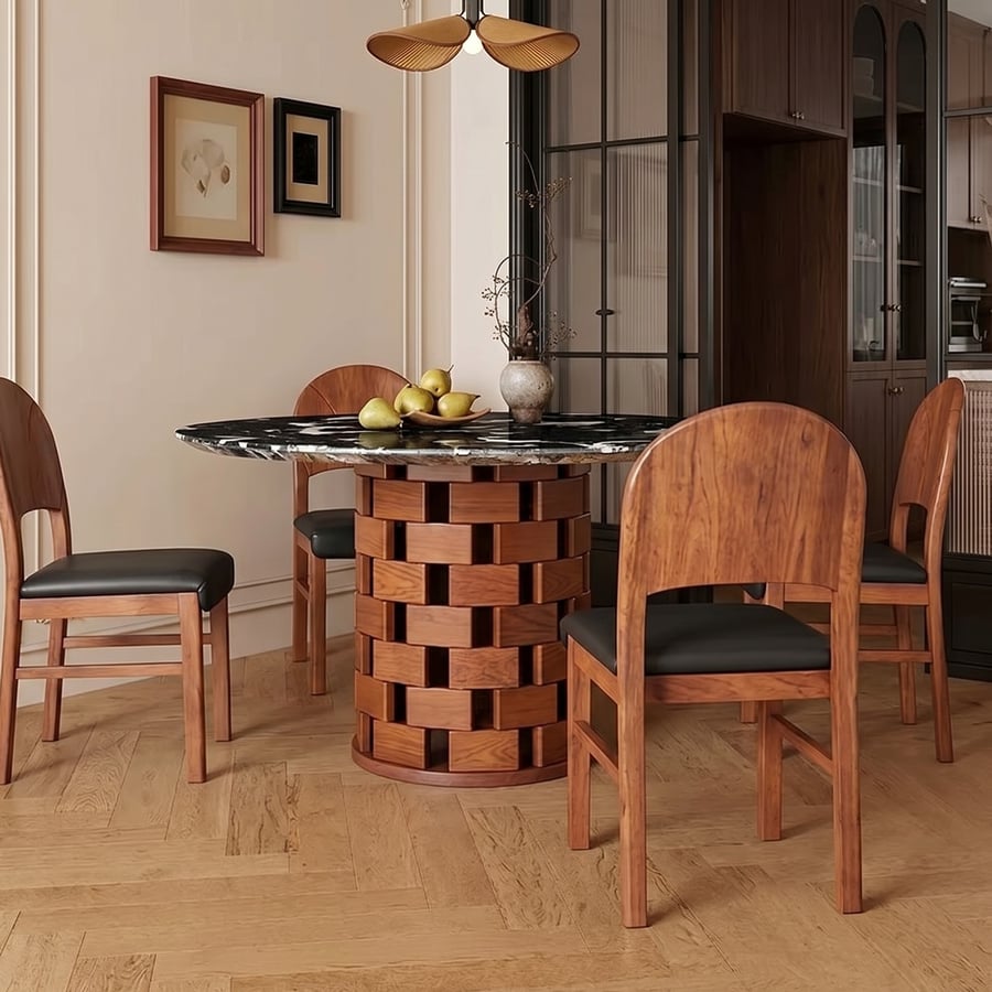 Black Marble & Wood Round Dining Table