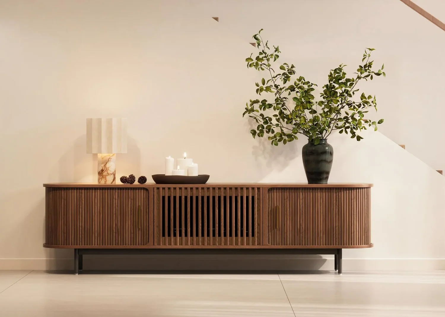 Eos 中古风卷帘门电视柜 - 客厅实景展示 Eos 70.87英寸中古风卷帘门电视柜,胡桃木色柜体搭配金属支腿,展示现代客厅储物解决方案