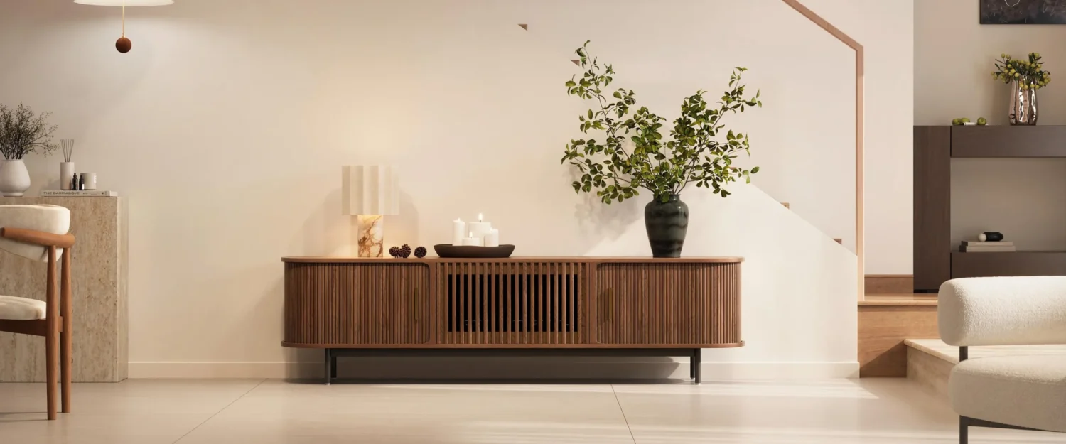 Eos 70.87英寸中古风卷帘门电视柜，胡桃木色柜体搭配金属支腿，展示现代客厅储物解决方案