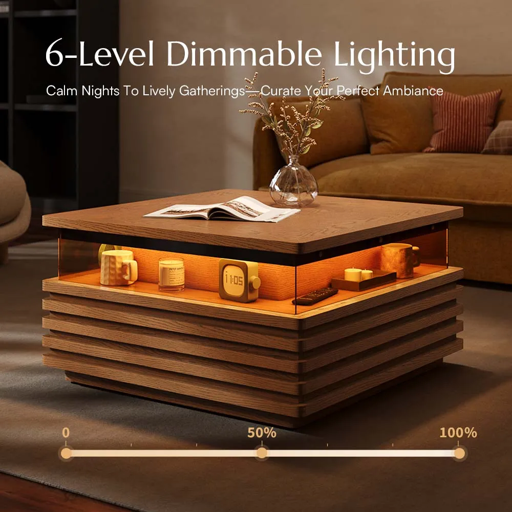 方形水平板条LED咖啡桌，现代简约设计，暖黄色灯光照亮桌面与下方空间