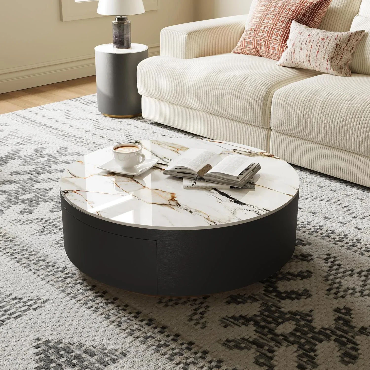 圆形鼓状烧结石咖啡桌，带隐藏式储物空间，现代简约客厅家具