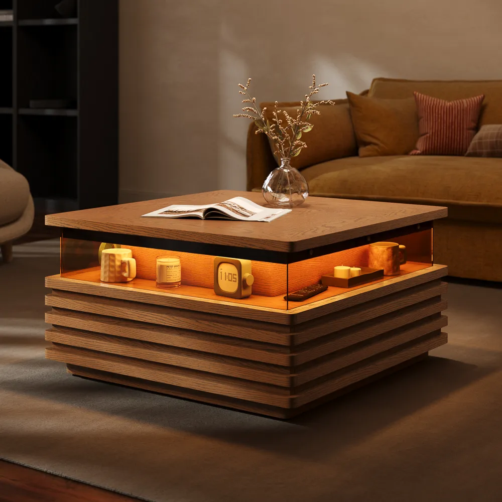 方形LED灯带水平板条咖啡桌，现代简约设计，暖光照明营造温馨客厅氛围