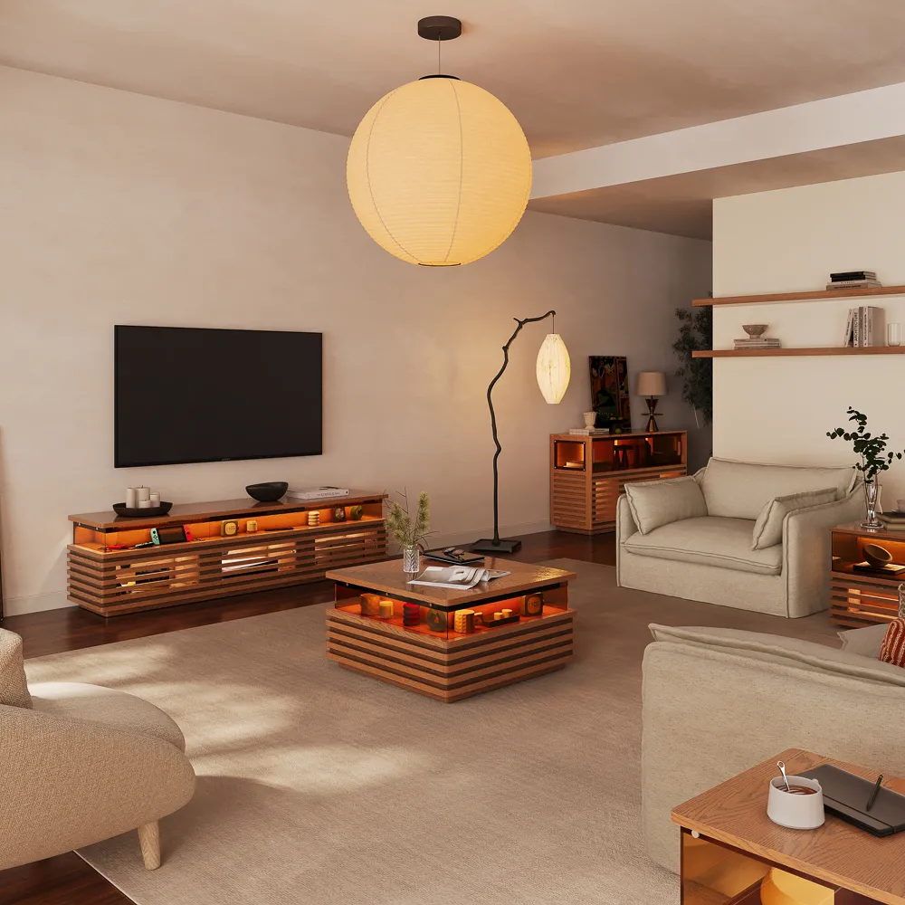 方形水平板条咖啡桌,内置LED灯带在夜间发出柔和暖光,现代简约客厅家具