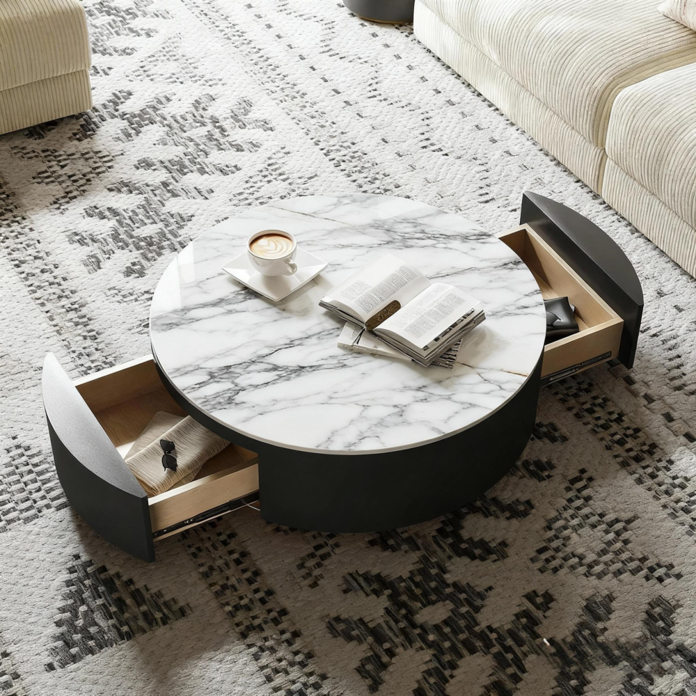 圆形鼓状烧结石咖啡桌，带隐藏式储物空间，现代简约客厅家具