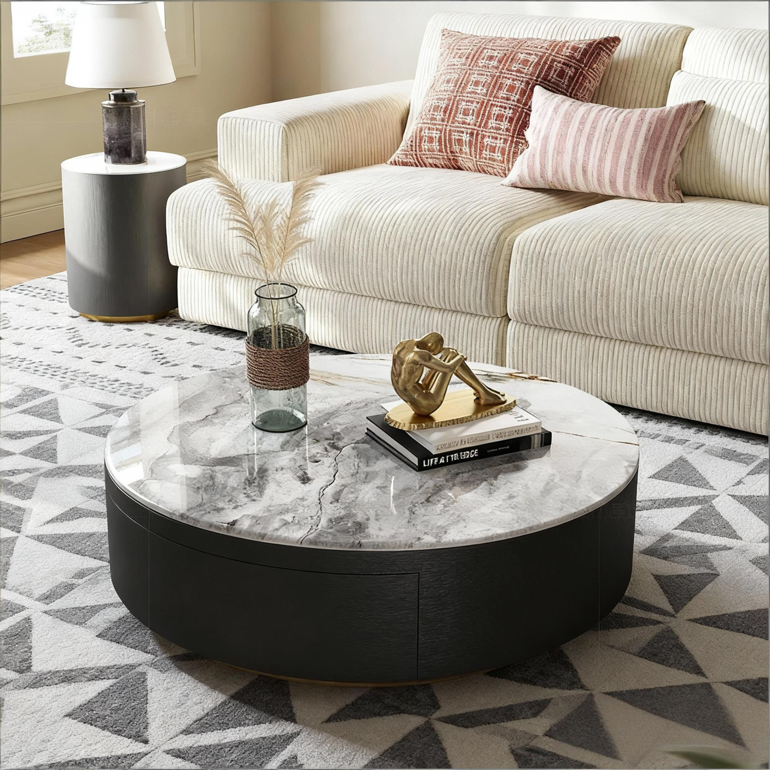 圆形鼓形烧结石咖啡桌,带隐藏式储物空间,现代简约客厅家具