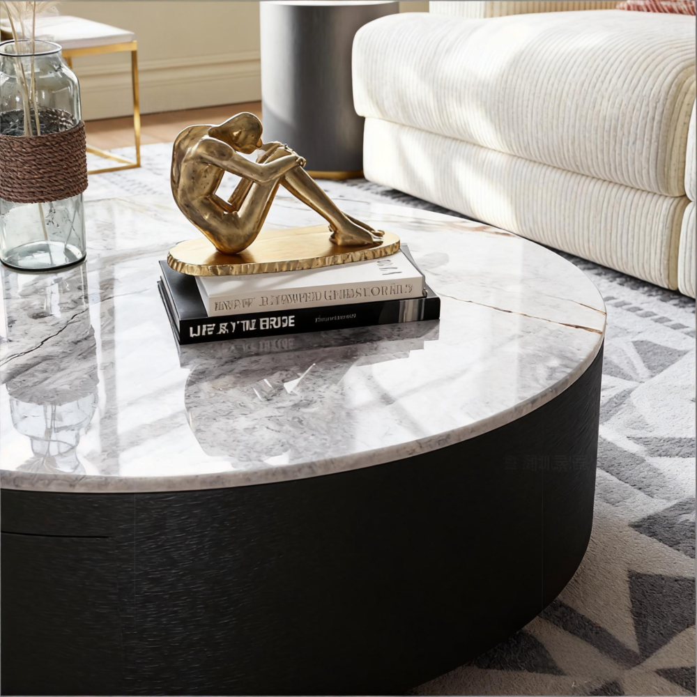 现代圆形鼓形烧结石咖啡桌，带隐藏式储物空间，展示客厅家居布置效果