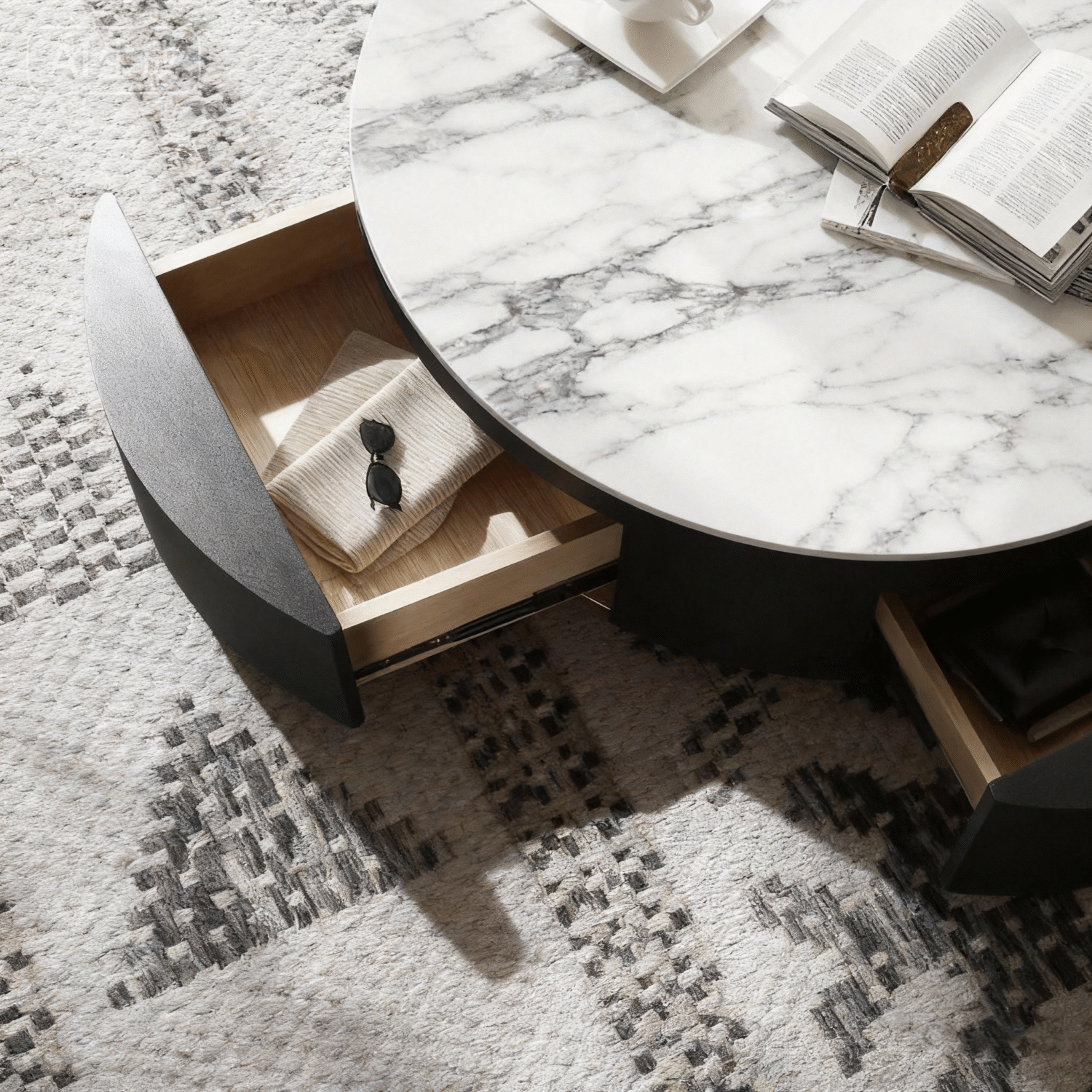 圆形鼓形烧结石咖啡桌，带隐藏式储物空间，现代简约客厅家具