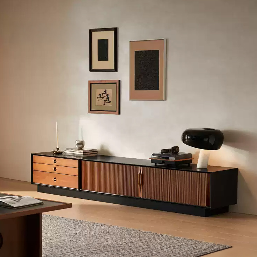 French Vintage Black Solid Wood TV Stand - Mid-Century Media Console