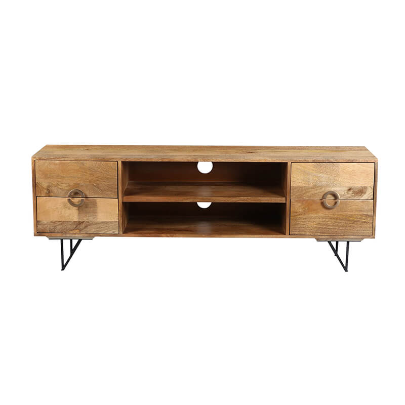 63 Natural Brown & Black Mango Wood TV Cabinet with Spacious Storage