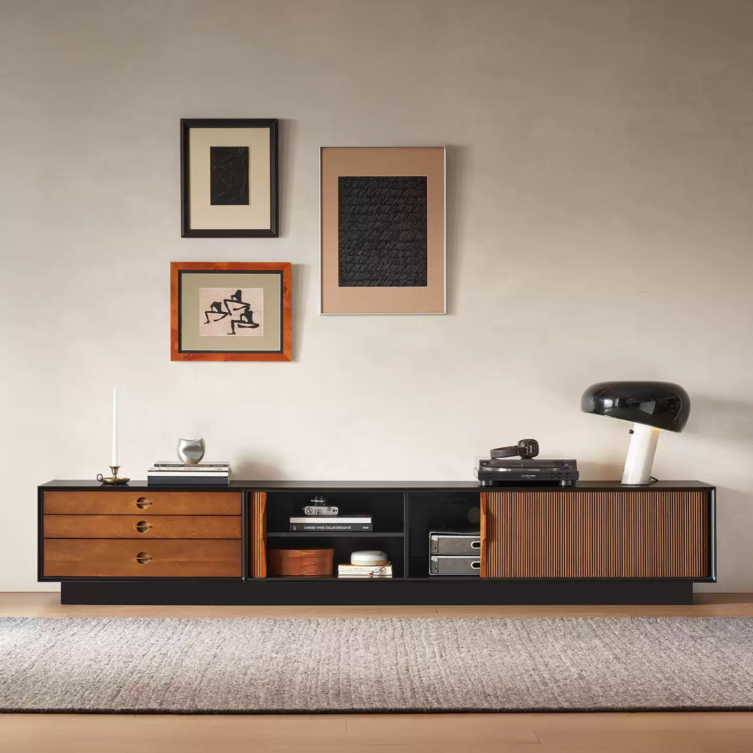 French Vintage Black Solid Wood TV Stand - Mid-Century Media Console