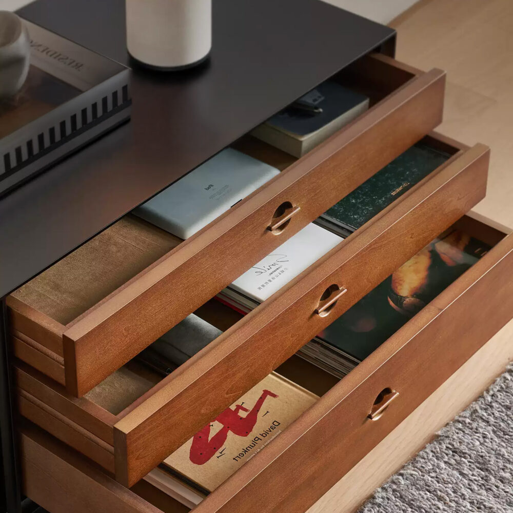 French Vintage Black Solid Wood TV Stand - Mid-Century Media Console