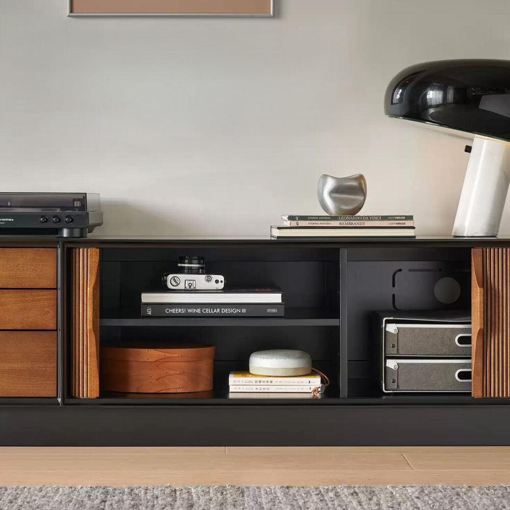 French Vintage Black Solid Wood TV Stand - Mid-Century Media Console