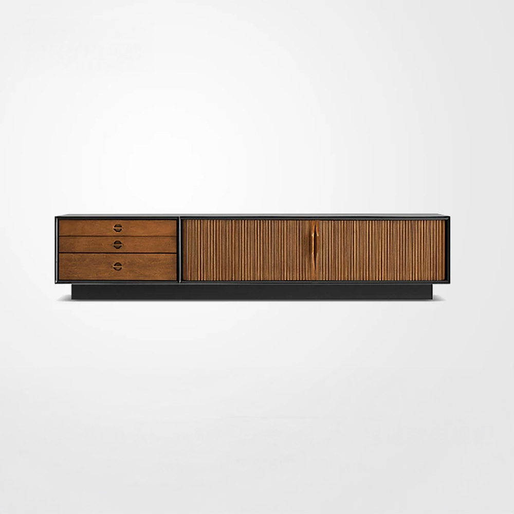 French Vintage Black Solid Wood TV Stand - Mid-Century Media Console