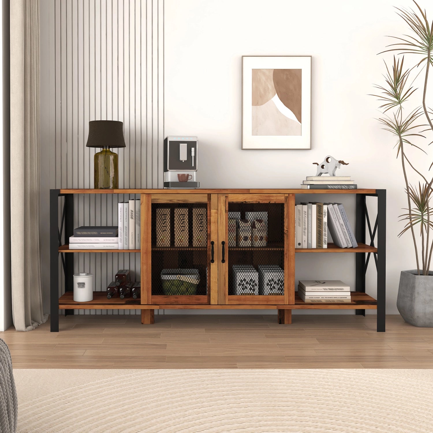 Industrial Wood and Metal TV Stand with Open Shelving and Mesh Doors