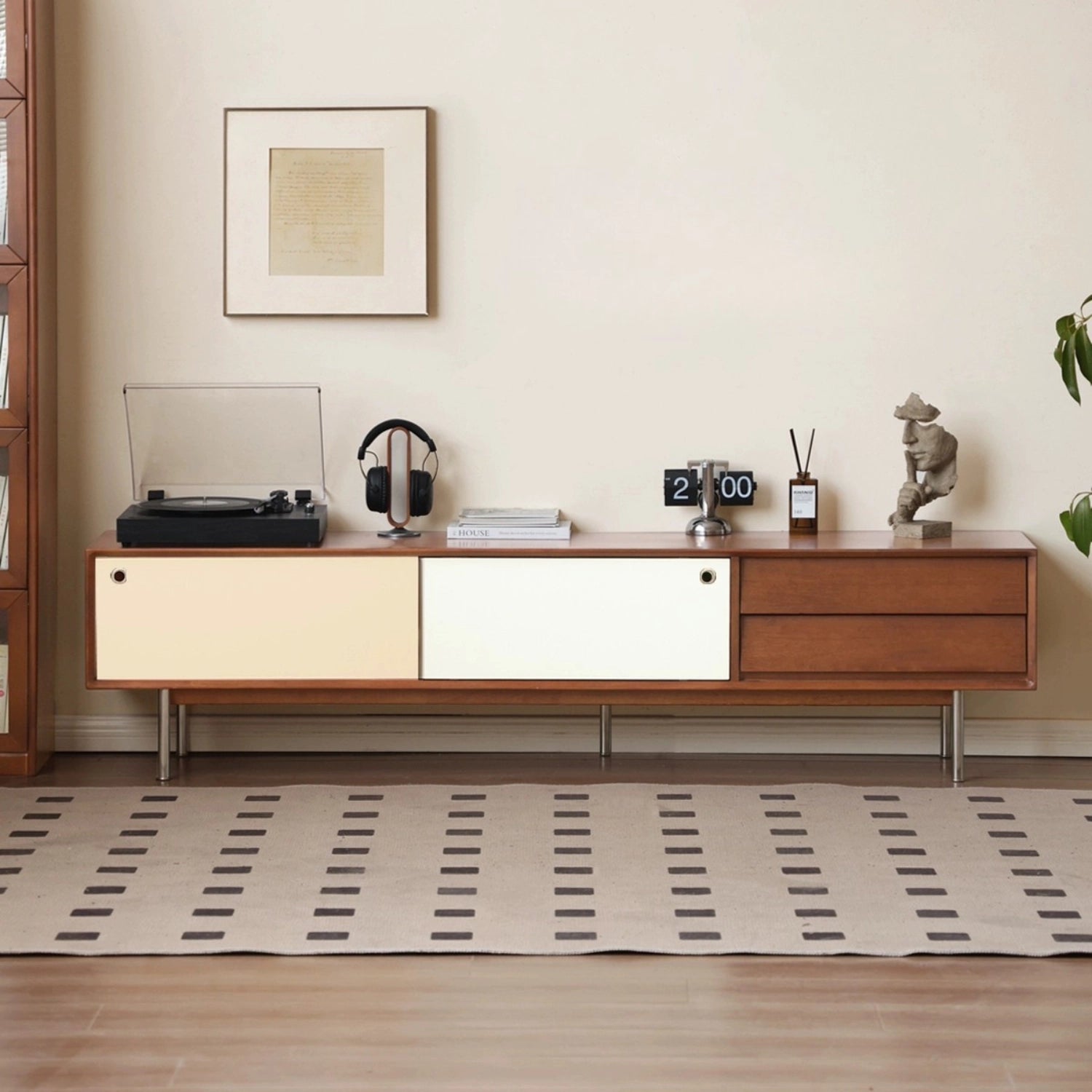 Mid century Modern Wood TV Stand with 2 Drawers. Sliding Doors and Metal Legs